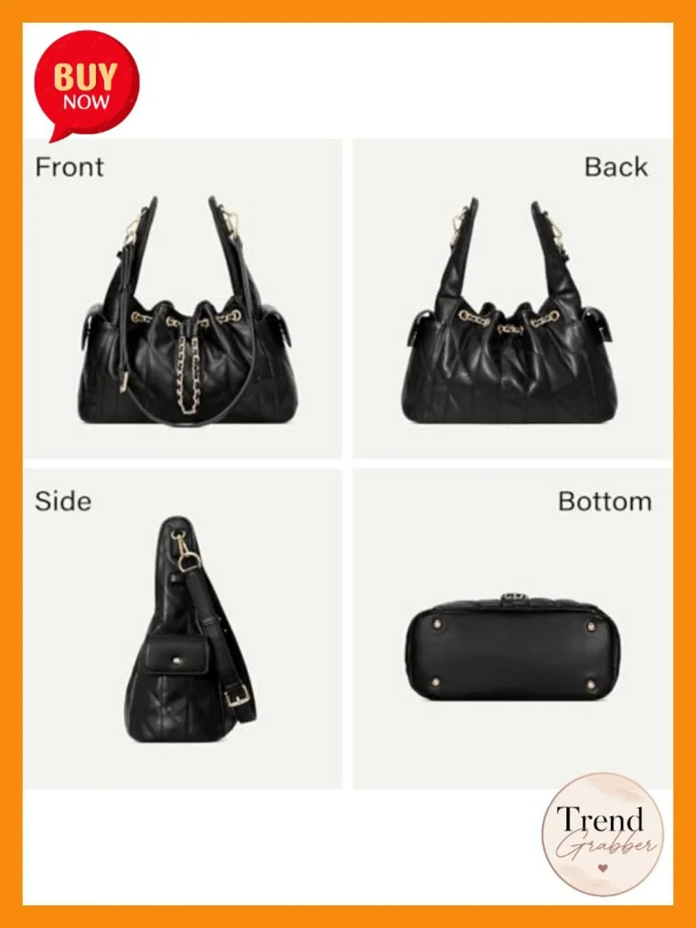 Quilted Vegan Leather Hobo Bag with Adjustable Strap, Slouchy Shoulder Purse